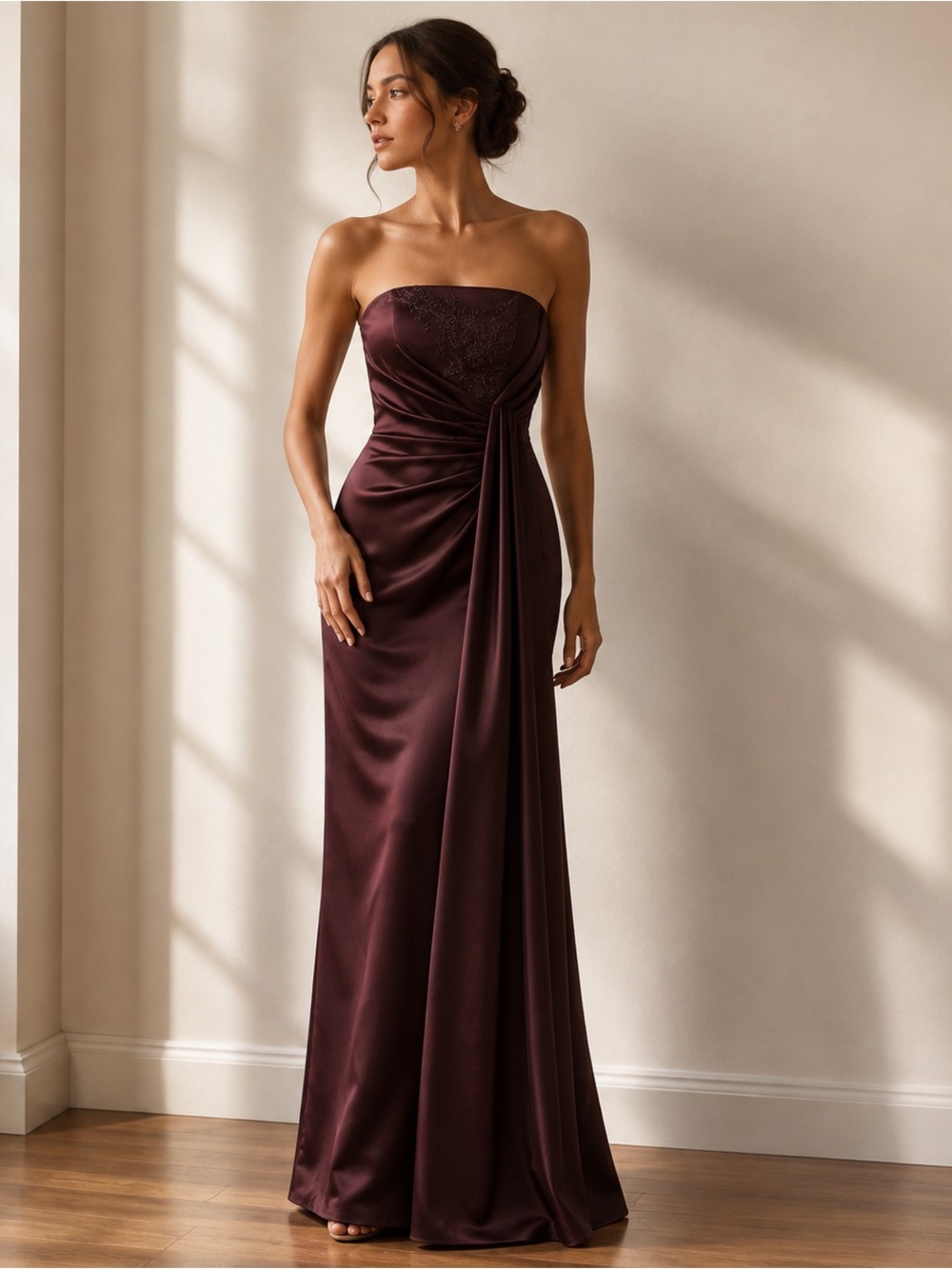 David’s Bridal Truffle Brown Satin Beaded Ruched Strapless Maxi Dress Size 6